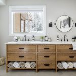 closeup of ash vanity with dual sinks